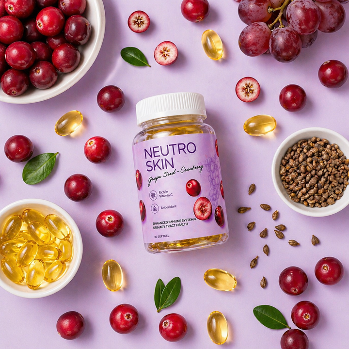 Translation missing: en.Neutro Skin supplement bottle surrounded by cranberries, grapes, and seeds on a purple background