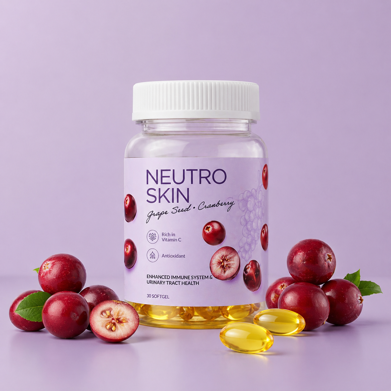 Translation missing: en.Neutro Skin supplement bottle with cranberries on a purple background