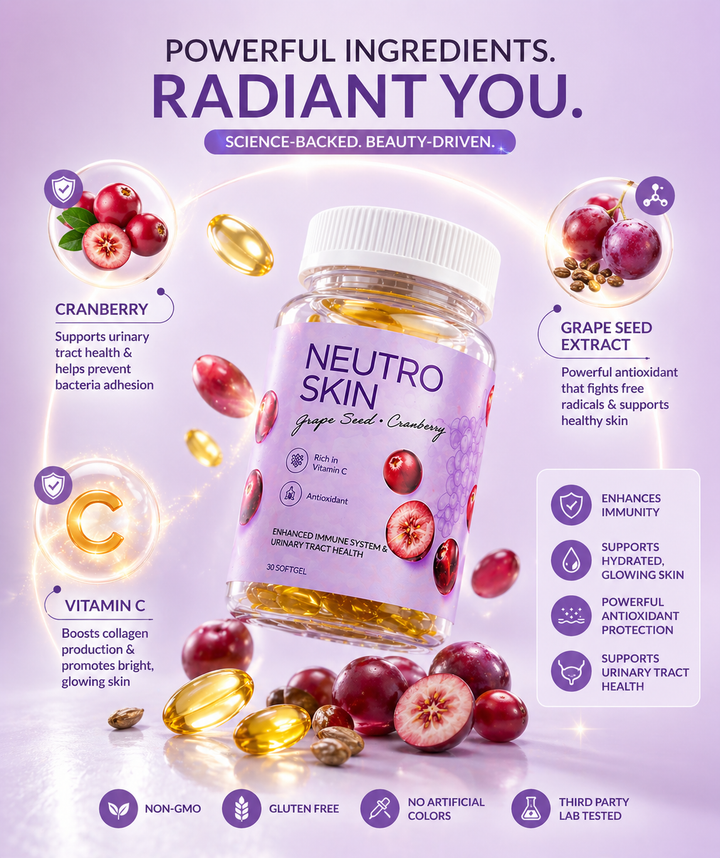 Translation missing: en.Neutro Skin supplement bottle with cranberries and grape seeds on a purple background