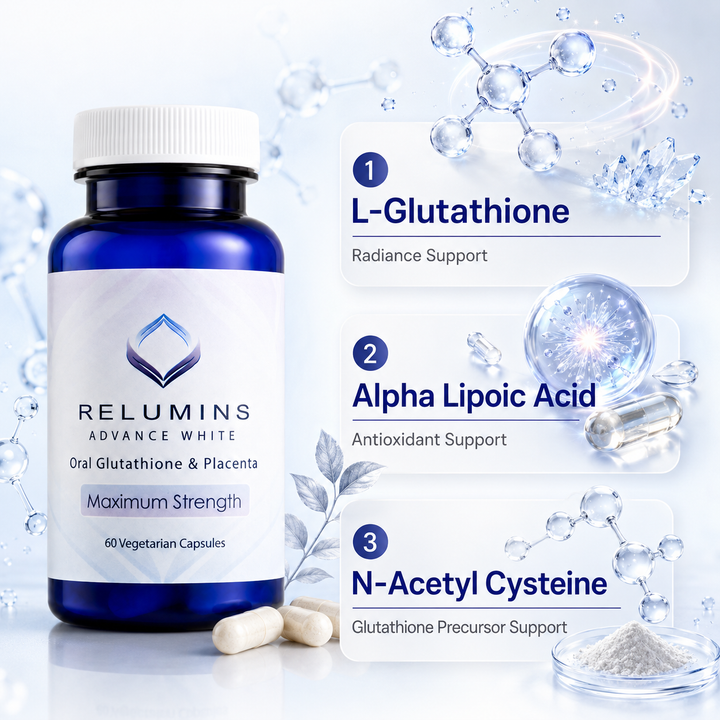 Translation missing: en.Relumins Advance White supplement bottle with ingredients listed on a light blue background