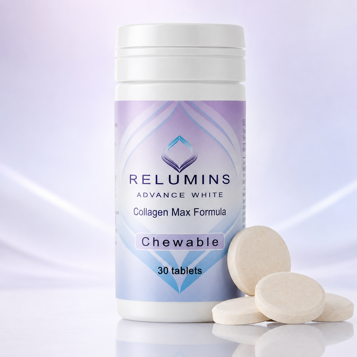 Translation missing: en.Relumins Collagen Chewable Tablets bottle and box for skin glow and beauty support