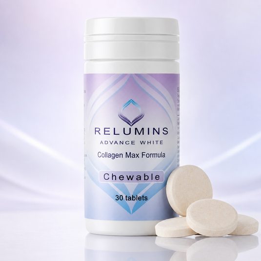 Translation missing: en.Relumins Collagen Chewable Tablets bottle and box for skin glow and beauty support
