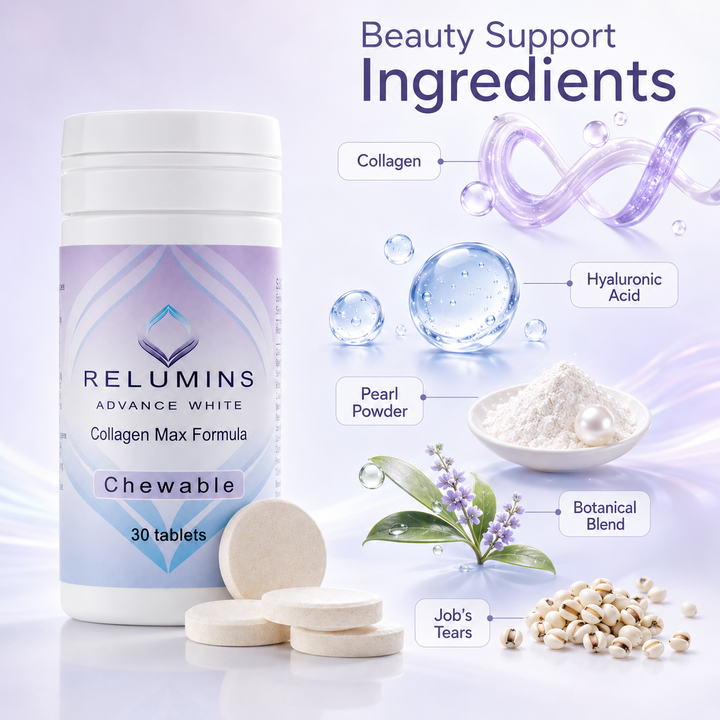 Translation missing: en.Ingredients and supplement facts label on the back of Relumins Collagen Chewable Tablets package