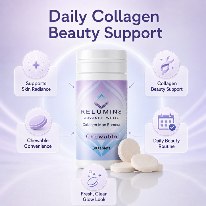 Translation missing: en.Relumins beauty wellness supplement graphic highlighting collagen and hyaluronic acid formula benefits