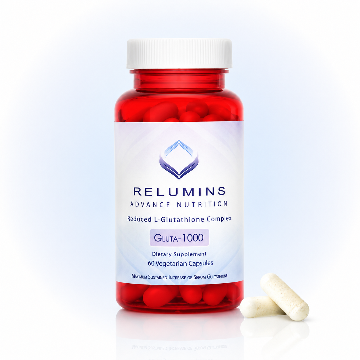 Translation missing: en.Relumins Gluta-1000 Glutathione 60 veg capsules bottle with two loose capsules for daily beauty supplement routine