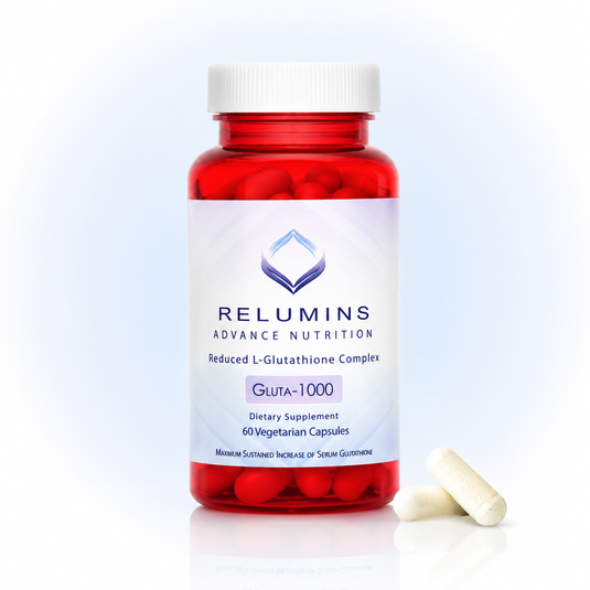 Translation missing: en.Relumins Gluta-1000 Glutathione 60 veg capsules bottle with two loose capsules for daily beauty supplement routine
