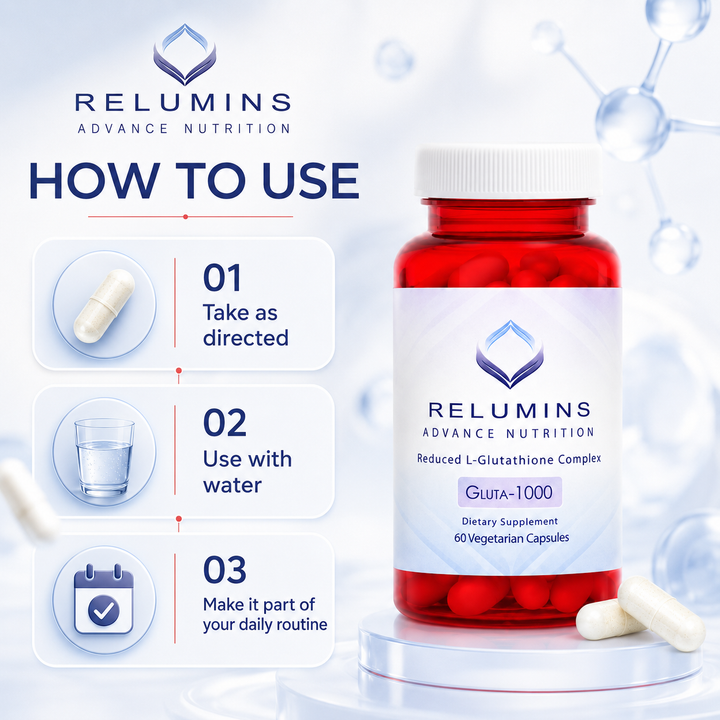 Translation missing: en.Formula breakdown graphic detailing the non-GMO, vegetarian-friendly antioxidant support features of Relumins Gluta-1000