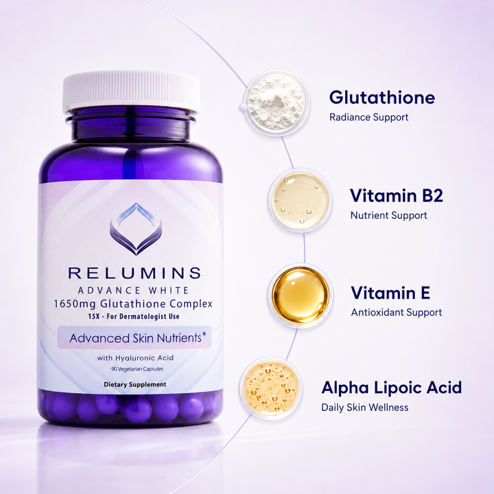 Translation missing: en.Supplement facts and cGMP certified label details on the back of Relumins Glutathione 90 vegetarian capsules pack