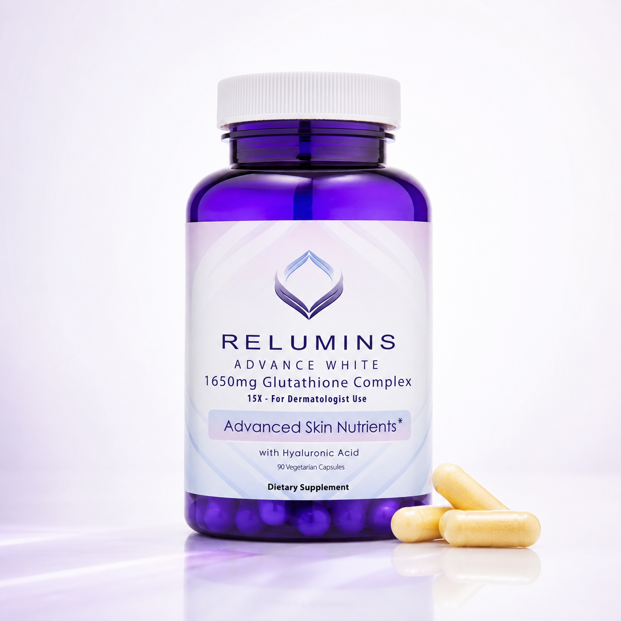 Translation missing: en.Relumins Glutathione 1650mg Capsules bottle for skin radiance support and an even-looking complexion