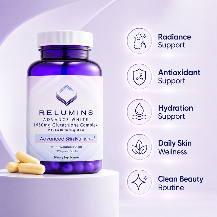 Translation missing: en.Relumins Glutathione capsules packaging highlighting hyaluronic acid and vitamin E antioxidant support formula