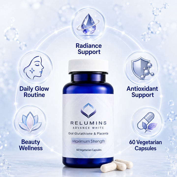 Translation missing: en.Relumins Advance White supplement bottle with icons and text on a light blue background