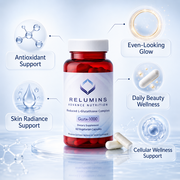 Translation missing: en.Relumins Gluta-1000 supplement bottle layout emphasizing the reduced L-glutathione complex for skin radiance and clarity