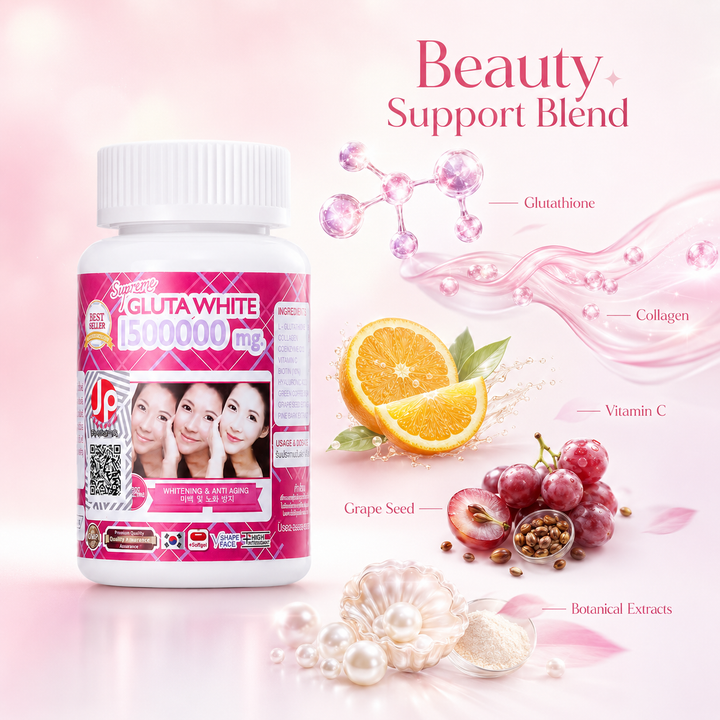 Translation missing: en.Formula breakdown graphic displaying Supreme Gluta White next to fresh oranges and berries highlighting vitamin C and coenzyme Q10 antioxidant support