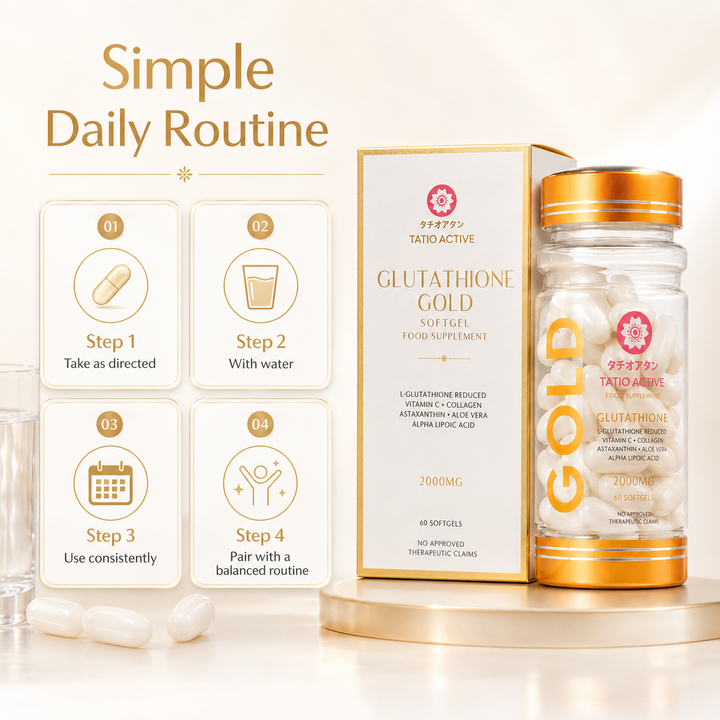 Translation missing: en.Infographic detailing the L-glutathione, vitamin C, and collagen ingredients in Tatio Active Gold softgels