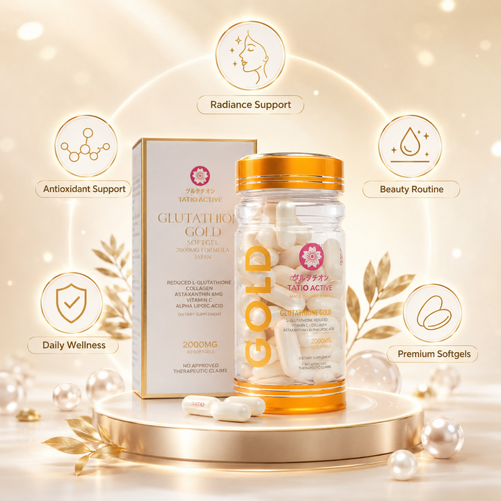 Translation missing: en.Tatio Active Gold Glutathione capsules display highlighting skin glowing and brightening formula benefits