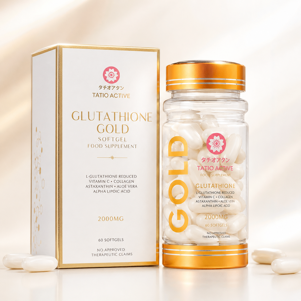 Translation missing: en.Tatio Active Gold Glutathione 2000mg supplement bottle and packaging on a light background