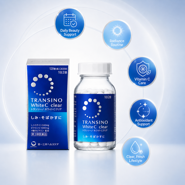 Translation missing: en.Transino White C Clear Japanese beauty supplement showing the convenient 120-count tablet format