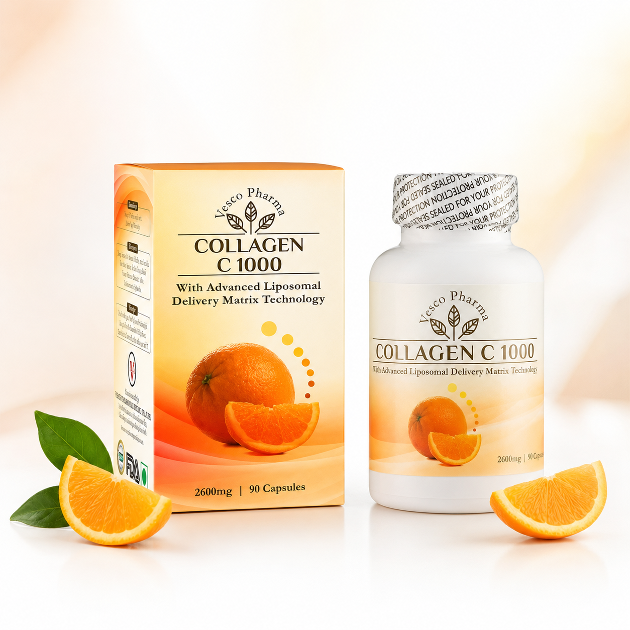 Translation missing: en.Vesco Pharma Collagen C 1000 Liposomal 2600mg bottle and box package with fresh orange slices