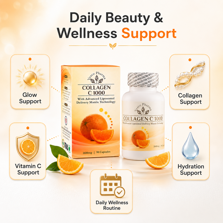 Translation missing: en.Vesco Pharma Collagen C supplement display highlighting daily skin radiance and beauty wellness support benefits