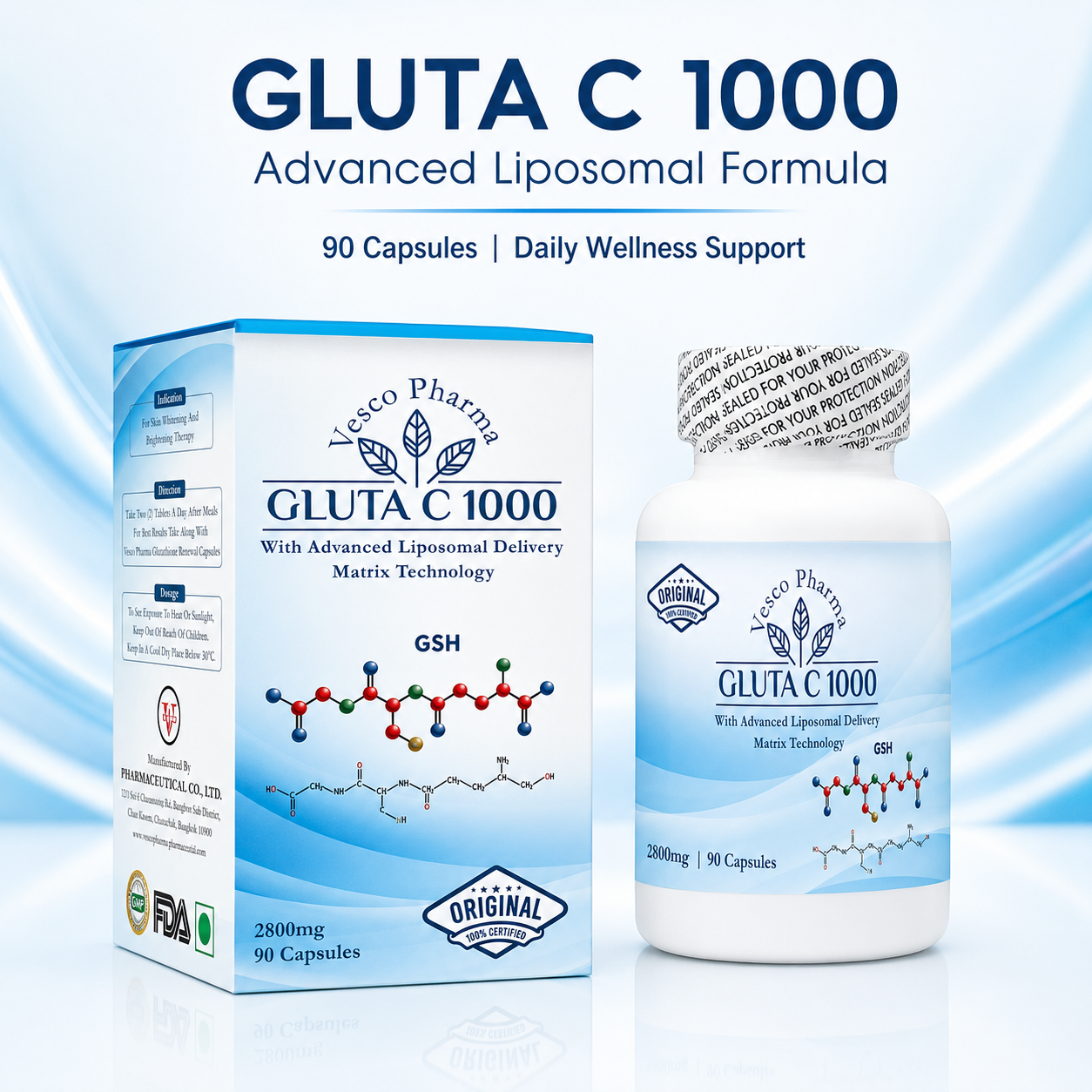 Translation missing: en.Vesco Pharma Gluta C 1000 Liposomal 2800mg advanced glutathione formula bottle and box package