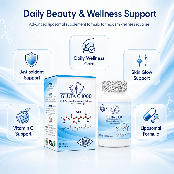 Translation missing: en.Vesco Pharma Gluta C supplement display highlighting daily skin radiance and glow-focused beauty wellness support