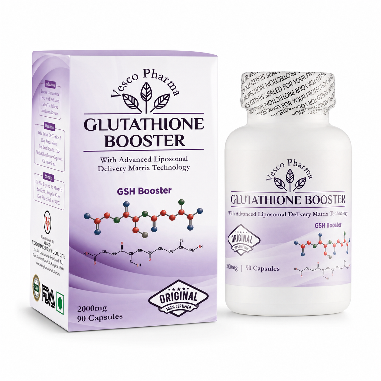 Translation missing: en.Vesco Pharma Glutathione Booster Capsules 2000mg Liposomal GSH bottle and box packaging on a white background