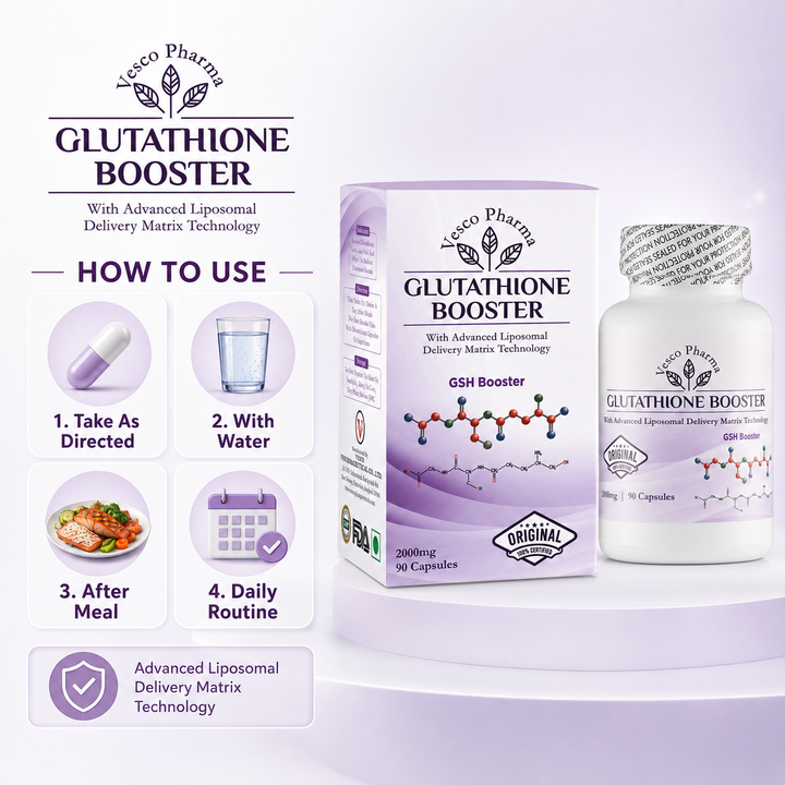 Translation missing: en.Vesco Pharma Glutathione capsules display highlighting skin radiance, glow-focused beauty, and self-care benefits