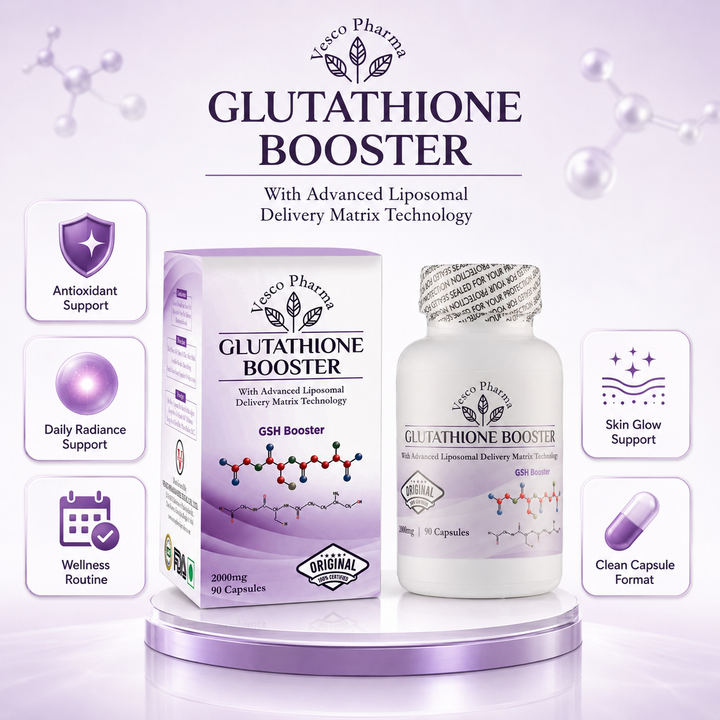 Translation missing: en.Vesco Pharma Glutathione Booster supplement graphic highlighting the liposomal GSH and multi-antioxidant formula