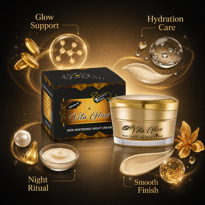 Translation missing: en.Formula breakdown infographic highlighting the brightening effects of vitamin C and herbal extracts in Vita Glow cream