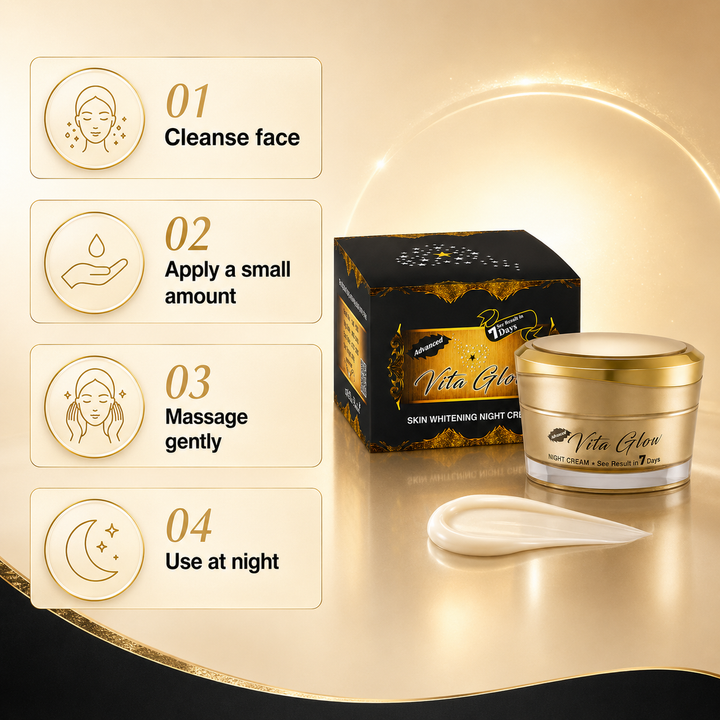 Translation missing: en.Infographic panel detailing how Vita Glow Advanced Night Cream supports overnight skin hydration and rejuvenation