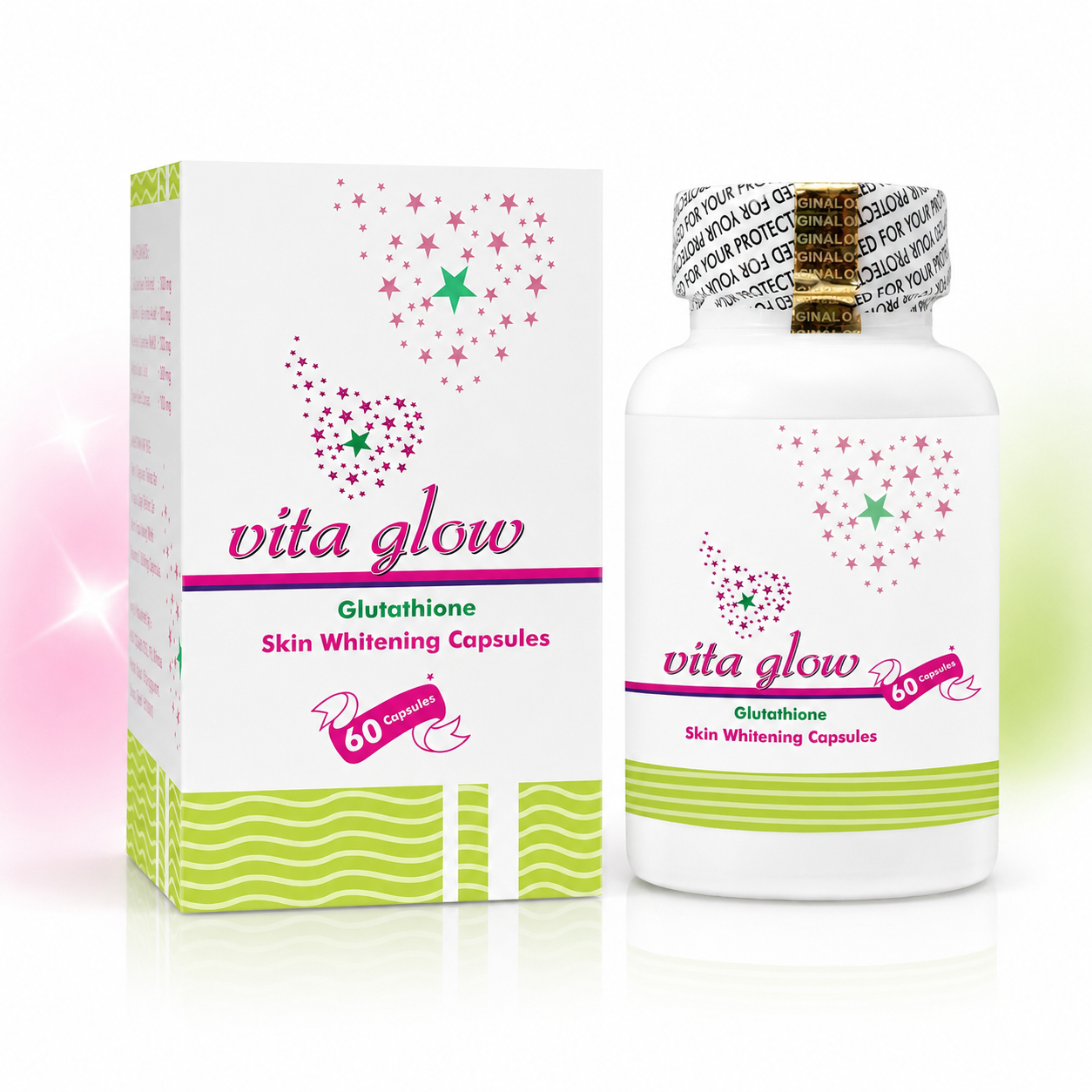 Translation missing: en.Vita Glow Glutathione Skin Whitening Capsules 60-count bottle and box packaging with pink hearts design for radiant skin