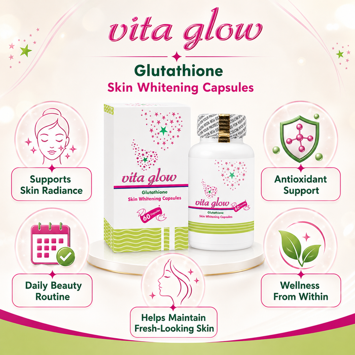 Translation missing: en.Vita Glow Glutathione capsule display highlighting daily skin clarity, radiance, and glow-focused beauty wellness support