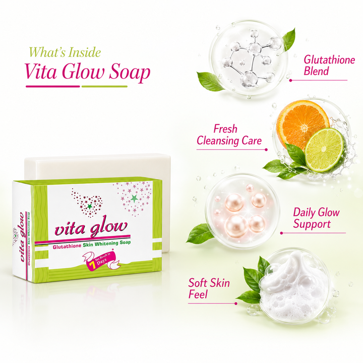 Translation missing: en.Formula breakdown graphic detailing the glutathione and vitamin C blend in Vita Glow beauty soap